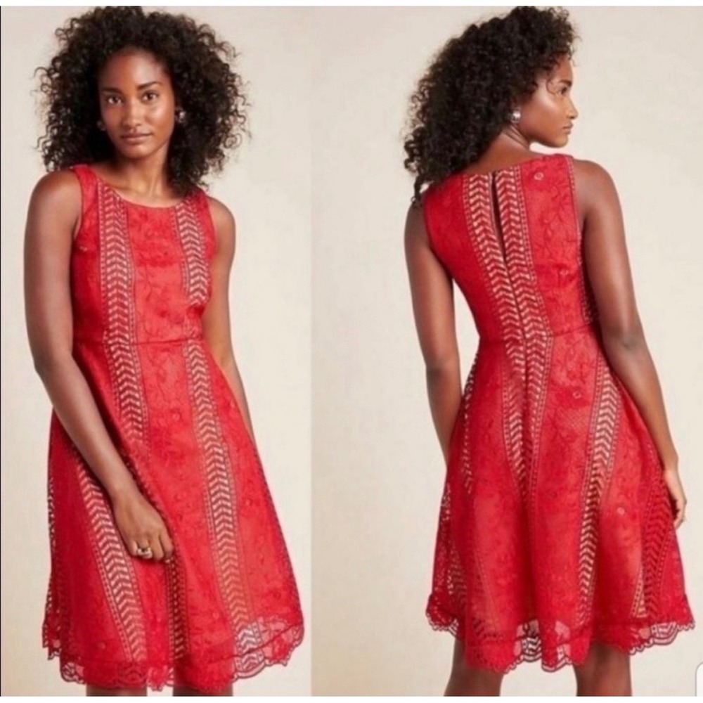 Anthropologie Georgia Red Lace Overlay Fit & Flare Dress Scalloped Hem Size 14